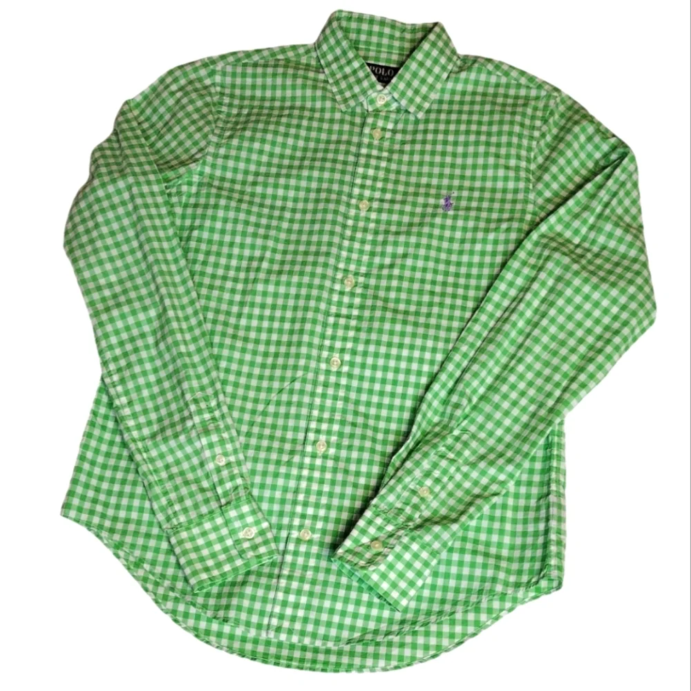 Polo Ralph Lauren green white plaid rounded hem cotton women's small Blouse - Picture 5 of 10